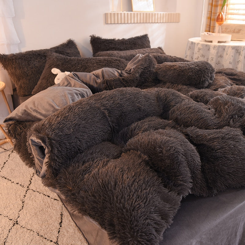 Parure de lit cocooning en fausse fourrure avec draps plat