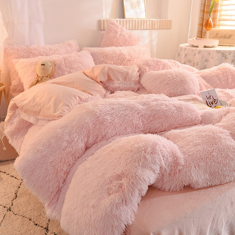 Parure de lit cocooning en fausse fourrure avec draps plat