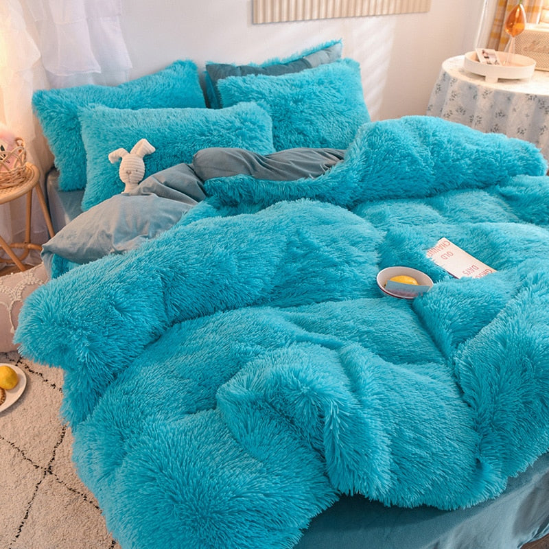 Parure de lit cocooning en fausse fourrure avec draps plat
