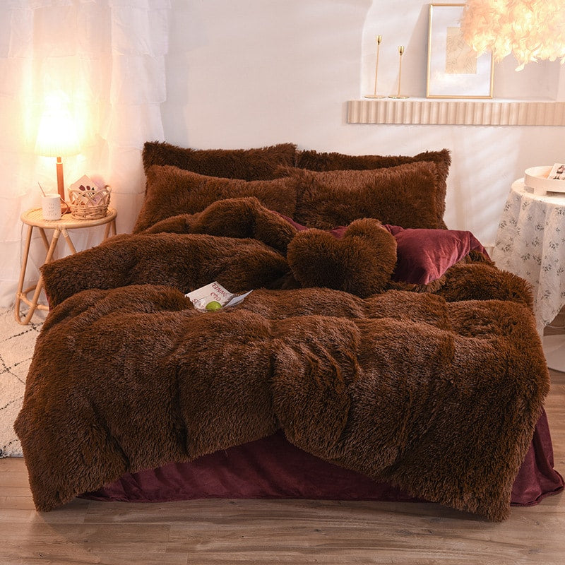 Parure de lit cocooning en fausse fourrure avec draps plat