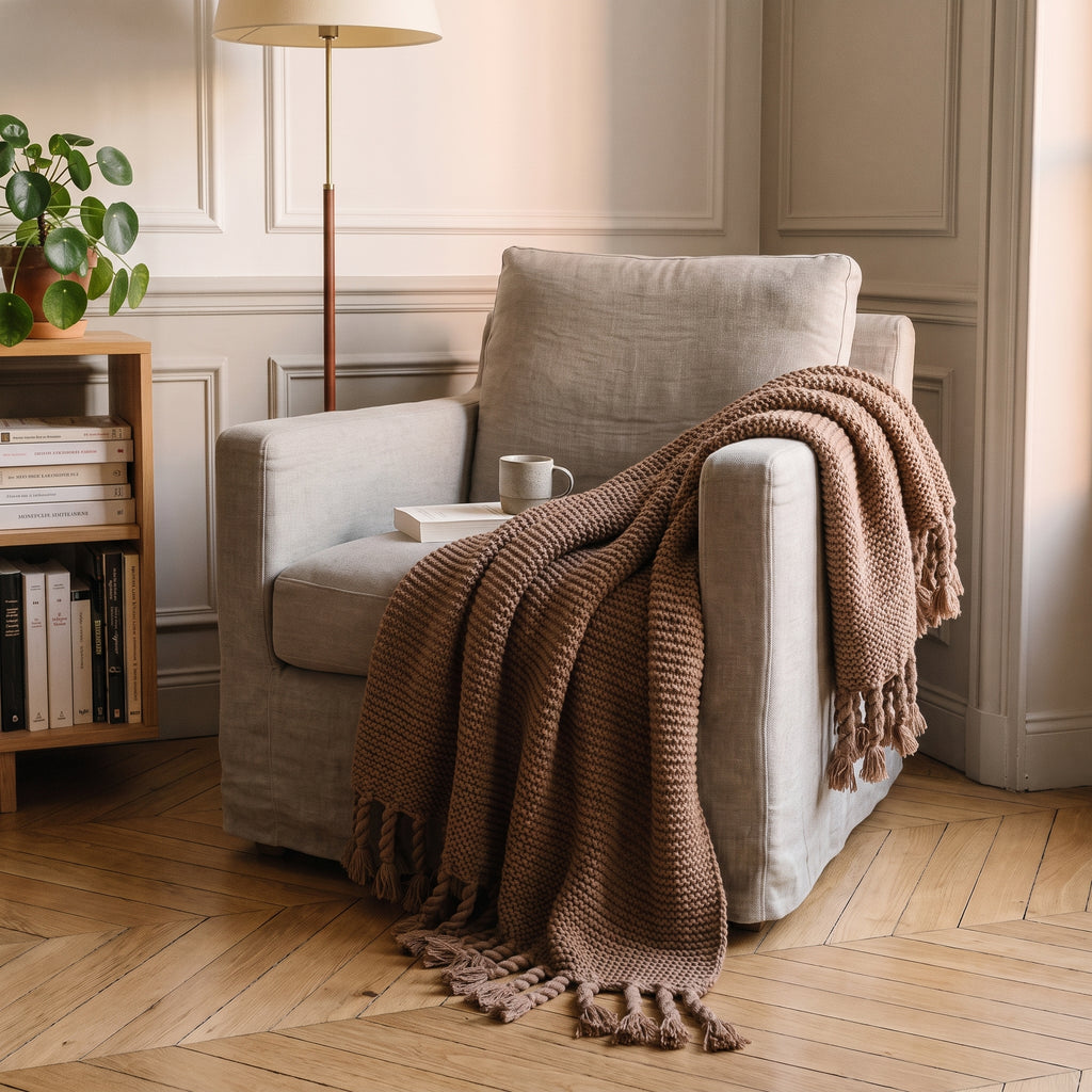 Plaid tricoté à franges, coloris Marron, dans un intérieur