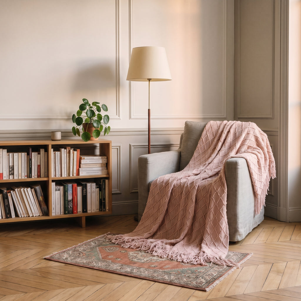 Couverture tricotée à losanges, coloris Rose poudré, dans un intérieur