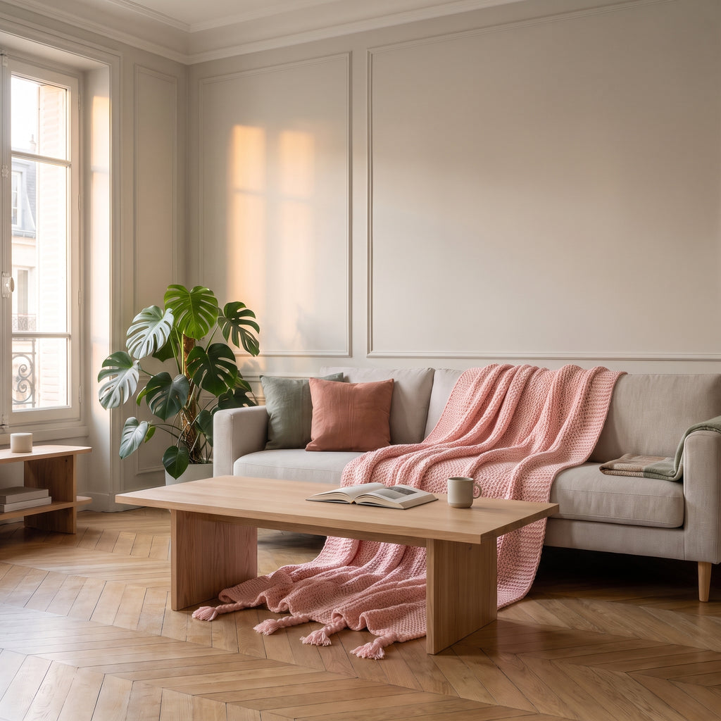 Plaid tricoté à franges, coloris Rose pâle, dans un intérieur