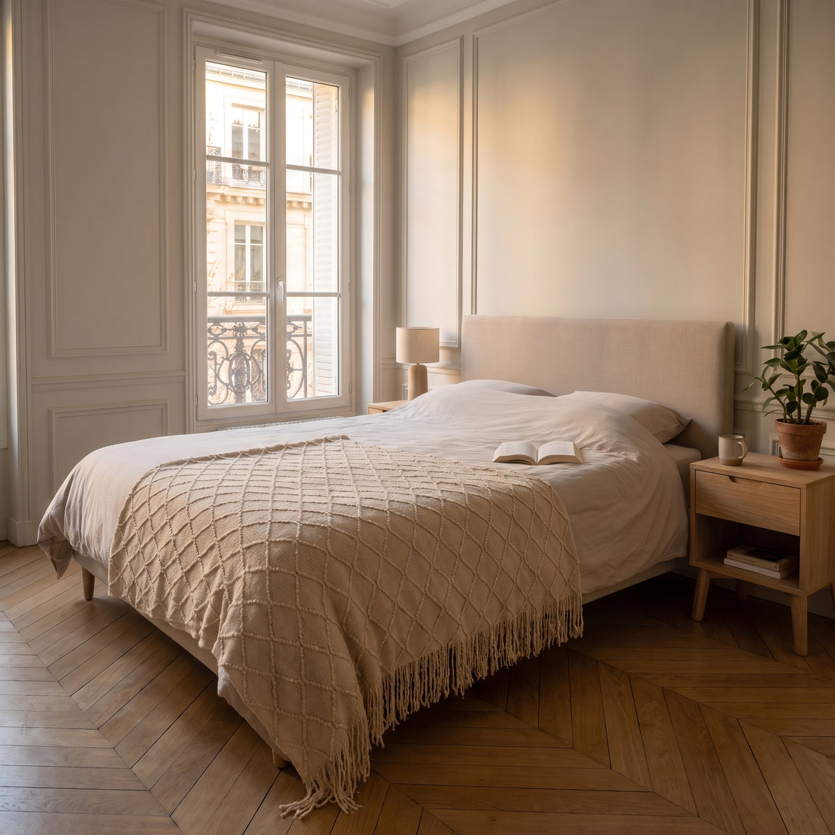 Couverture tricotée à losanges, coloris Beige, dans un intérieur