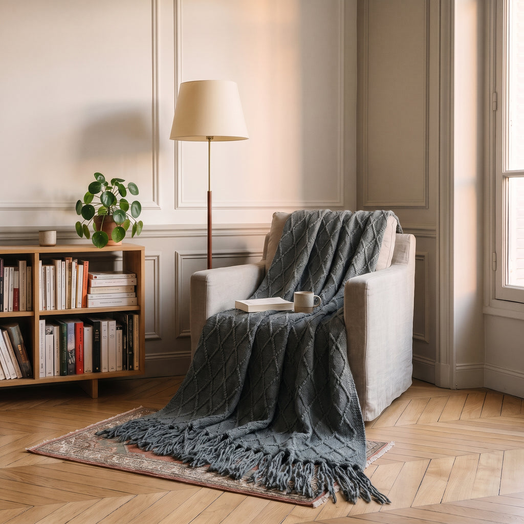 Couverture tricotée à losanges, coloris Gris ardoise, dans un intérieur