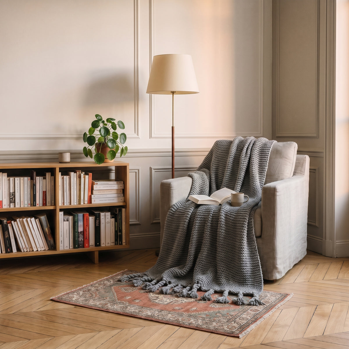 Plaid tricoté à franges, coloris Gris, dans un intérieur