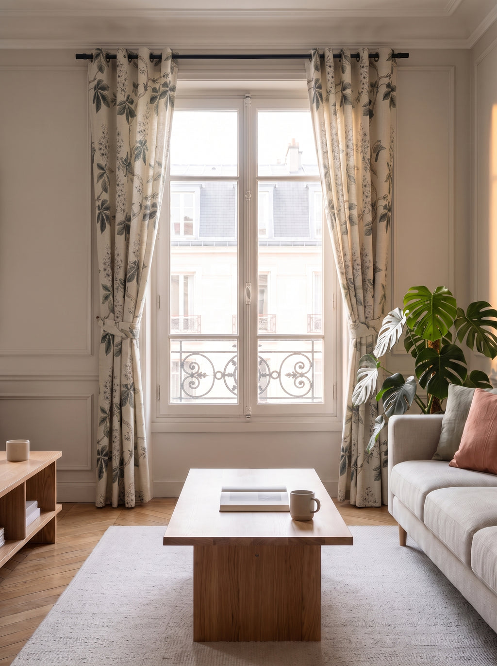 Rideau en lin à grandes feuilles et grappes de fleurs blanches, ouvert de chaque côté de la fenêtre et retenu par une embrasse