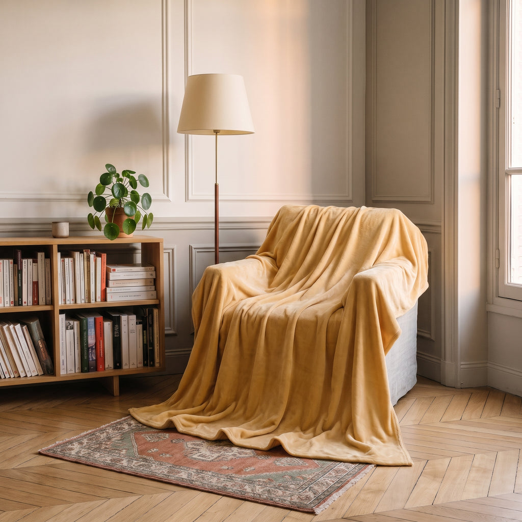 Plaid polaire double face, coloris Camel, posé sur un lit