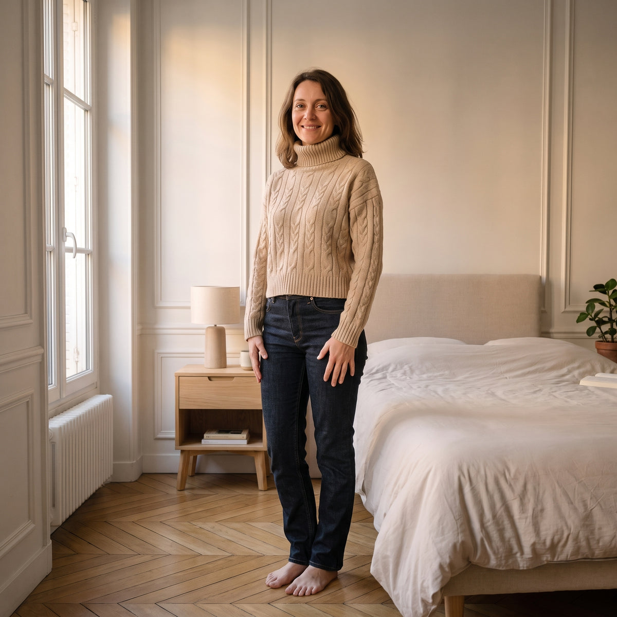 Pull court à col roulé en maille torsadée, coloris Beige, porté