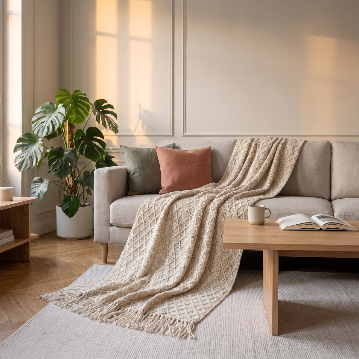 Plaid tricoté à point de riz, coloris Crème, dans un intérieur