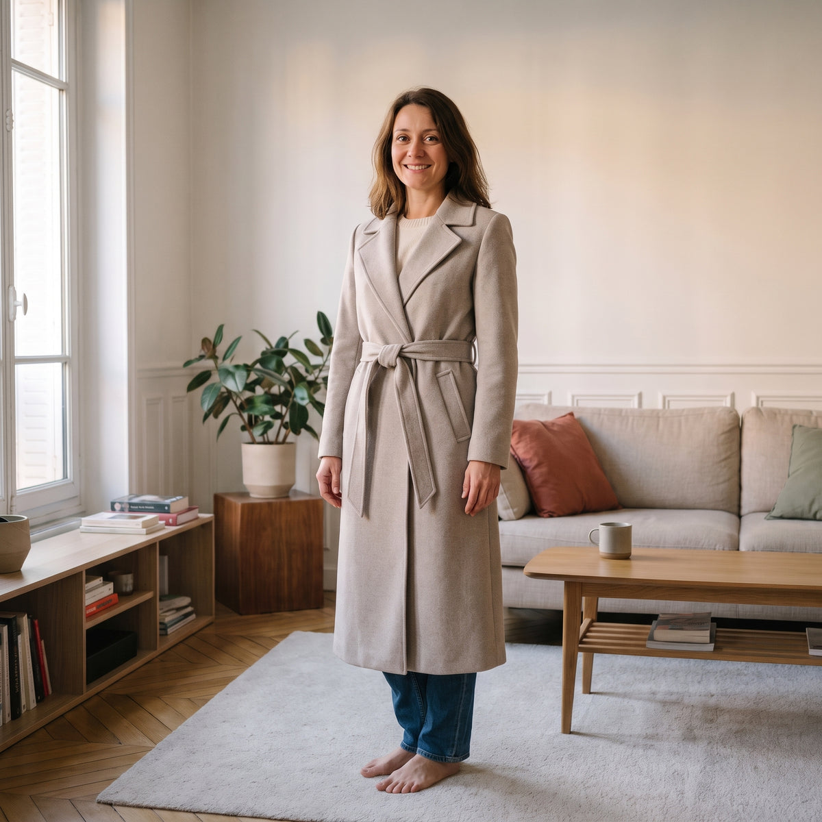 Manteau long à ceinture, coloris Beige gris, porté