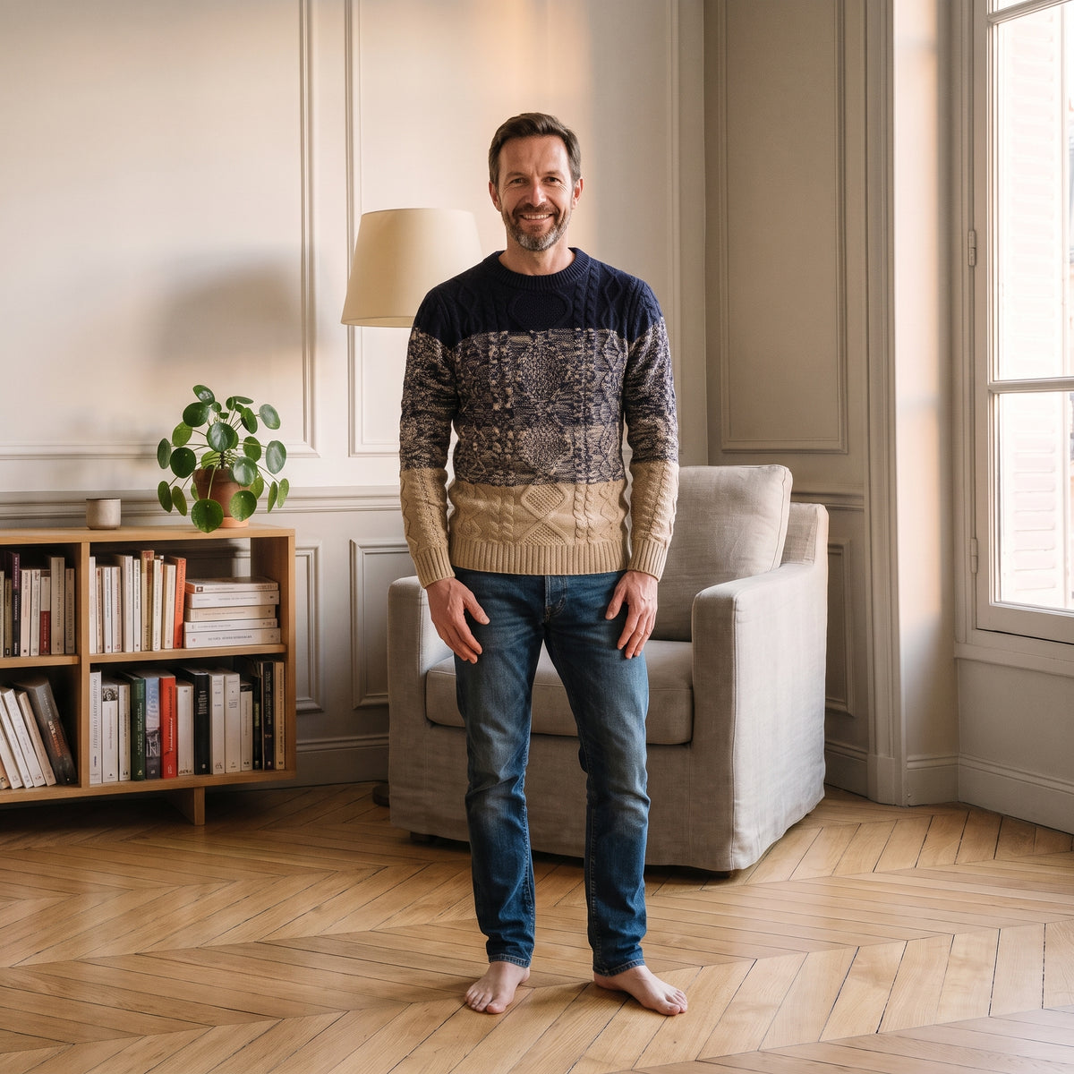 Pull homme en maille torsadée, coloris Beige chiné, porté
