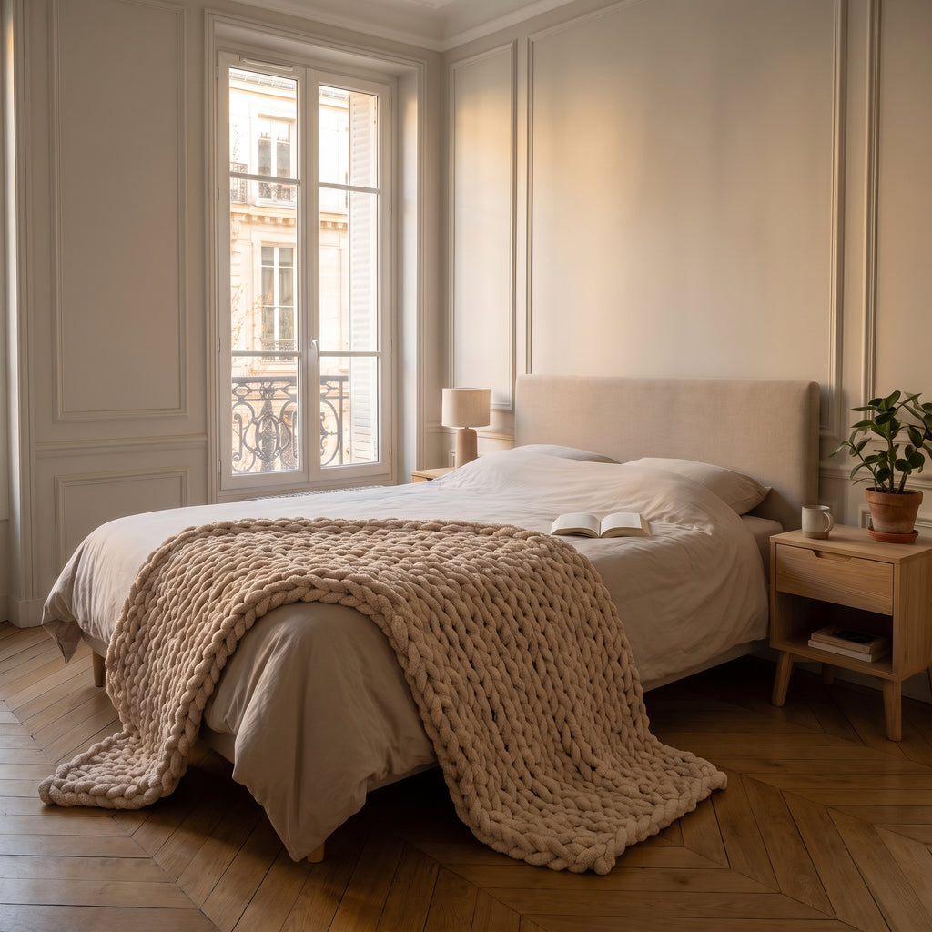 Plaid en grosse maille chenille, coloris Beige, dans un intérieur