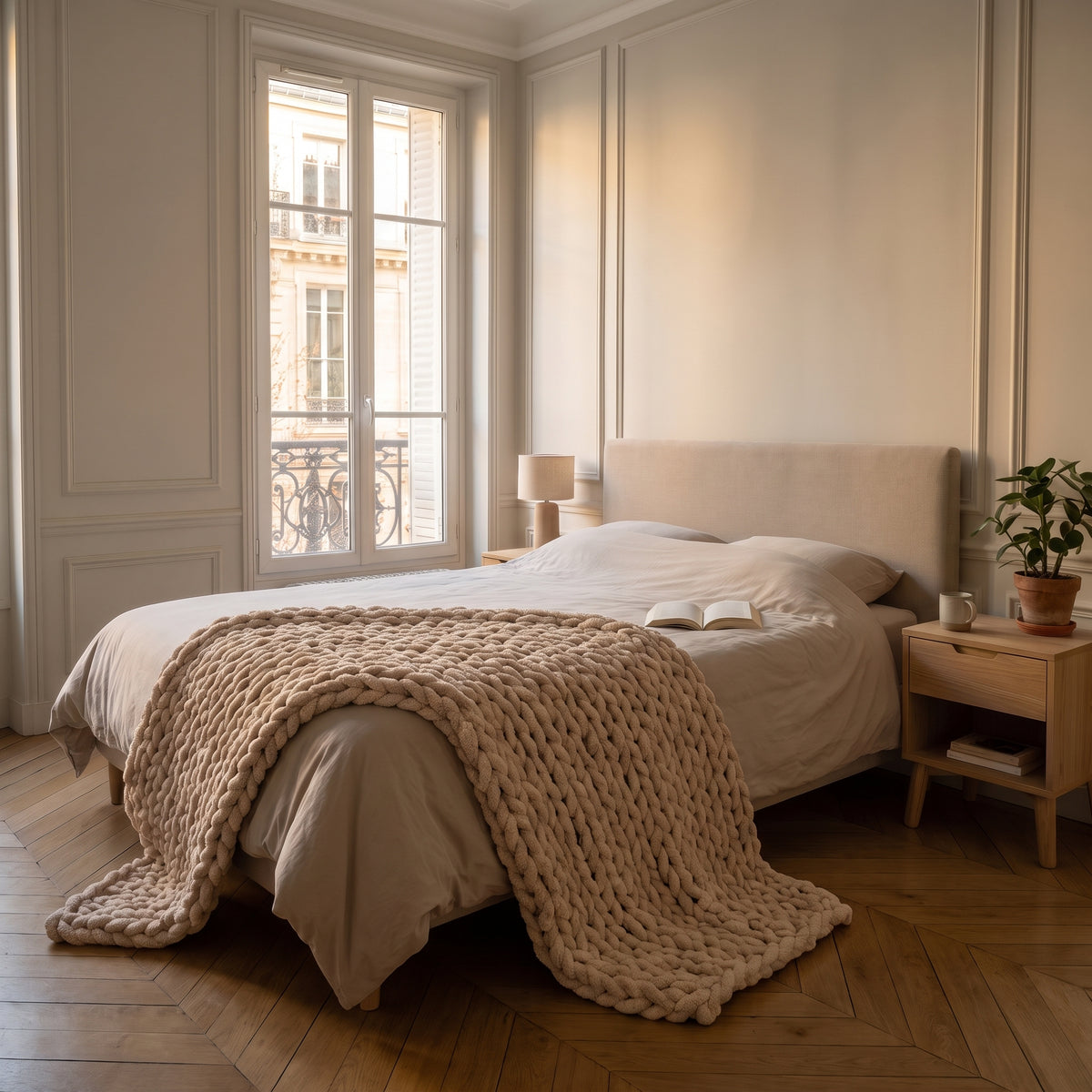 Plaid en grosse maille chenille, coloris Beige, dans un intérieur