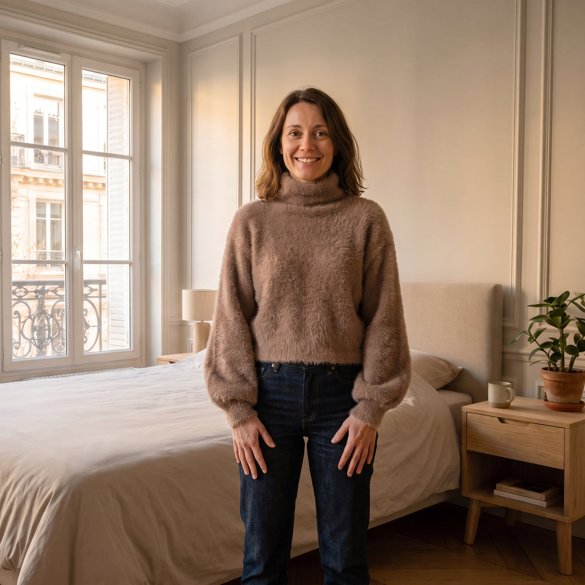 Pull duveteux à col cheminée, coloris Beige, porté
