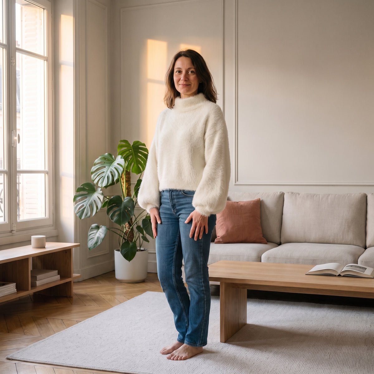 Pull duveteux à col cheminée, coloris Blanc cassé, porté