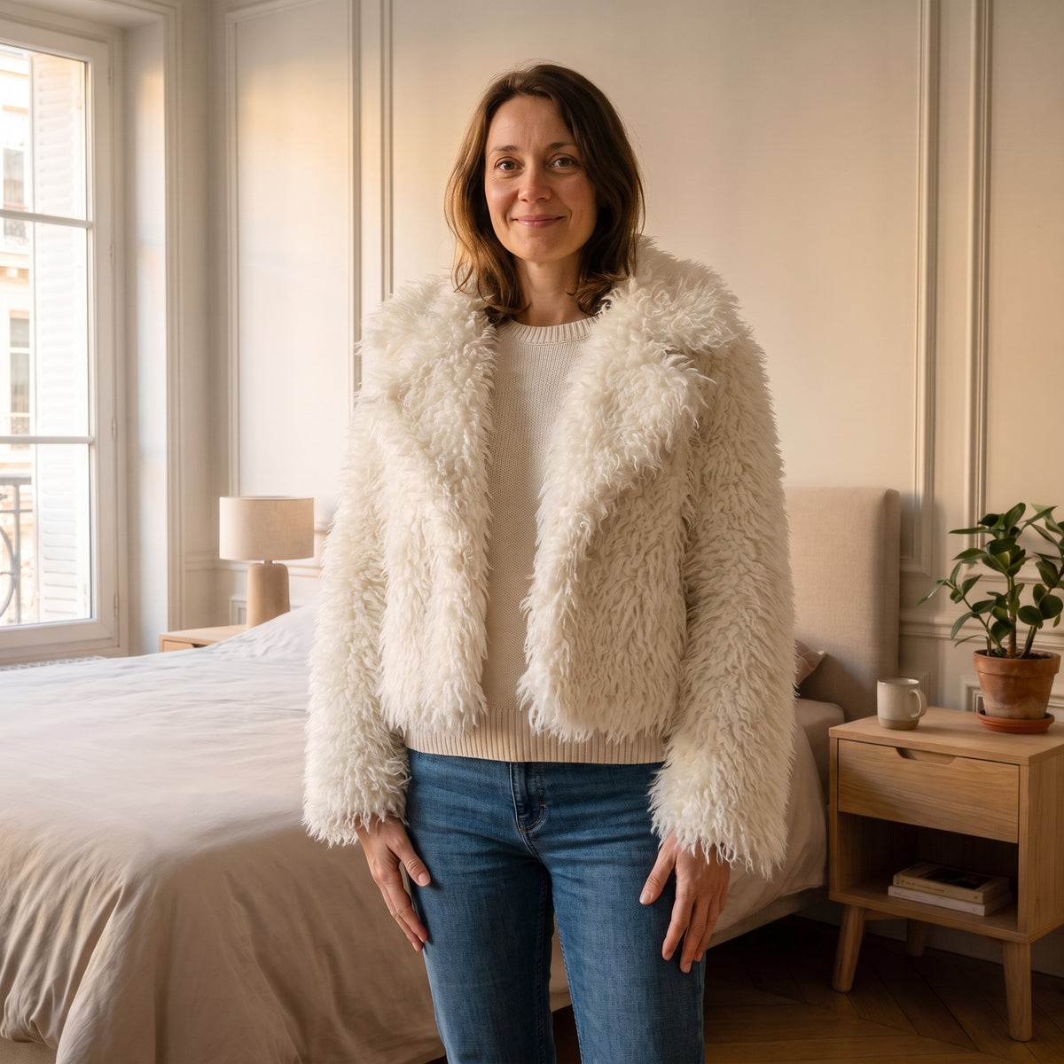 Veste courte en fausse fourrure, coloris Blanc cassé, portée