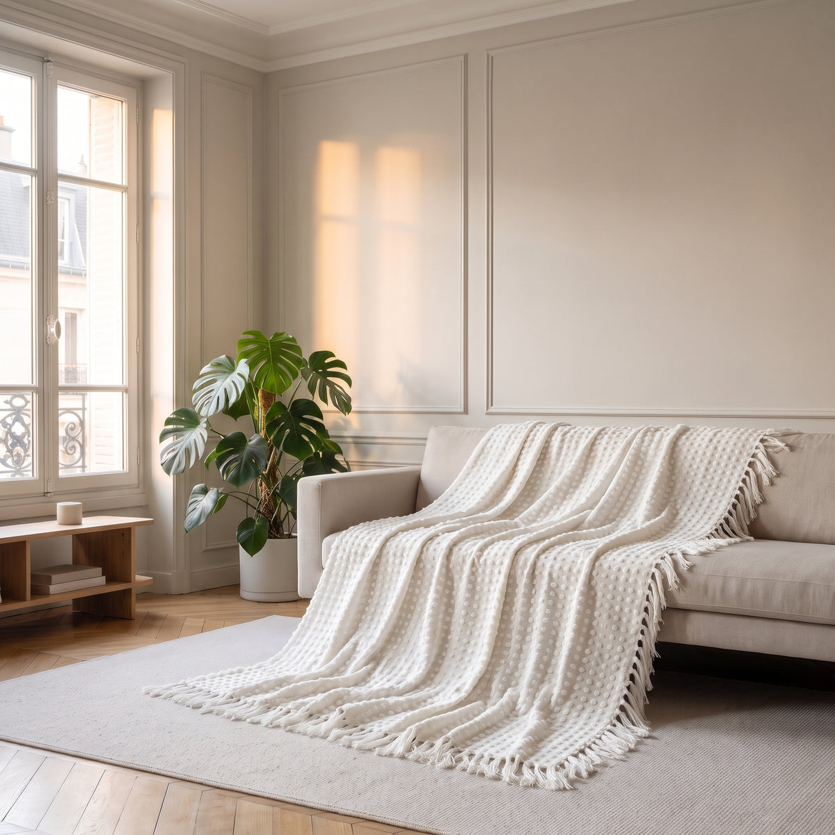 Couverture tissée à pois en relief, coloris Écru, dans un intérieur