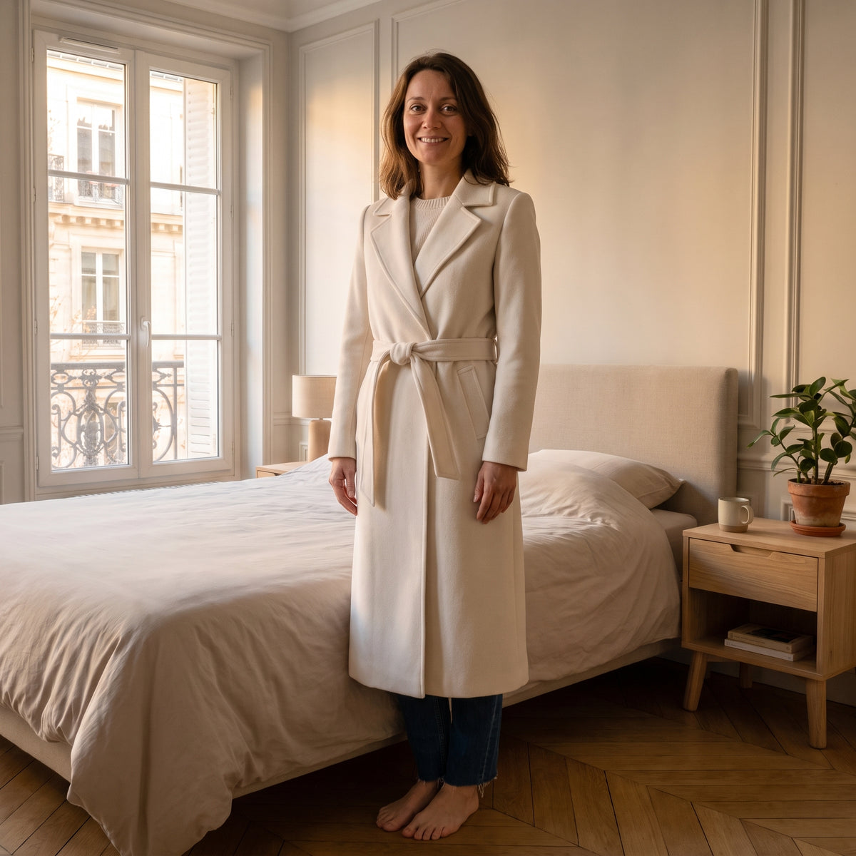 Manteau long à ceinture, coloris Blanc cassé, porté