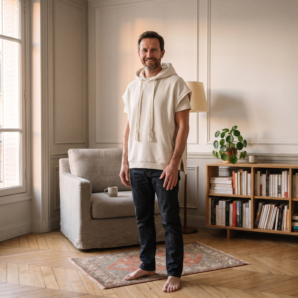 Sweat à capuche sans manches, coloris Blanc cassé, porté