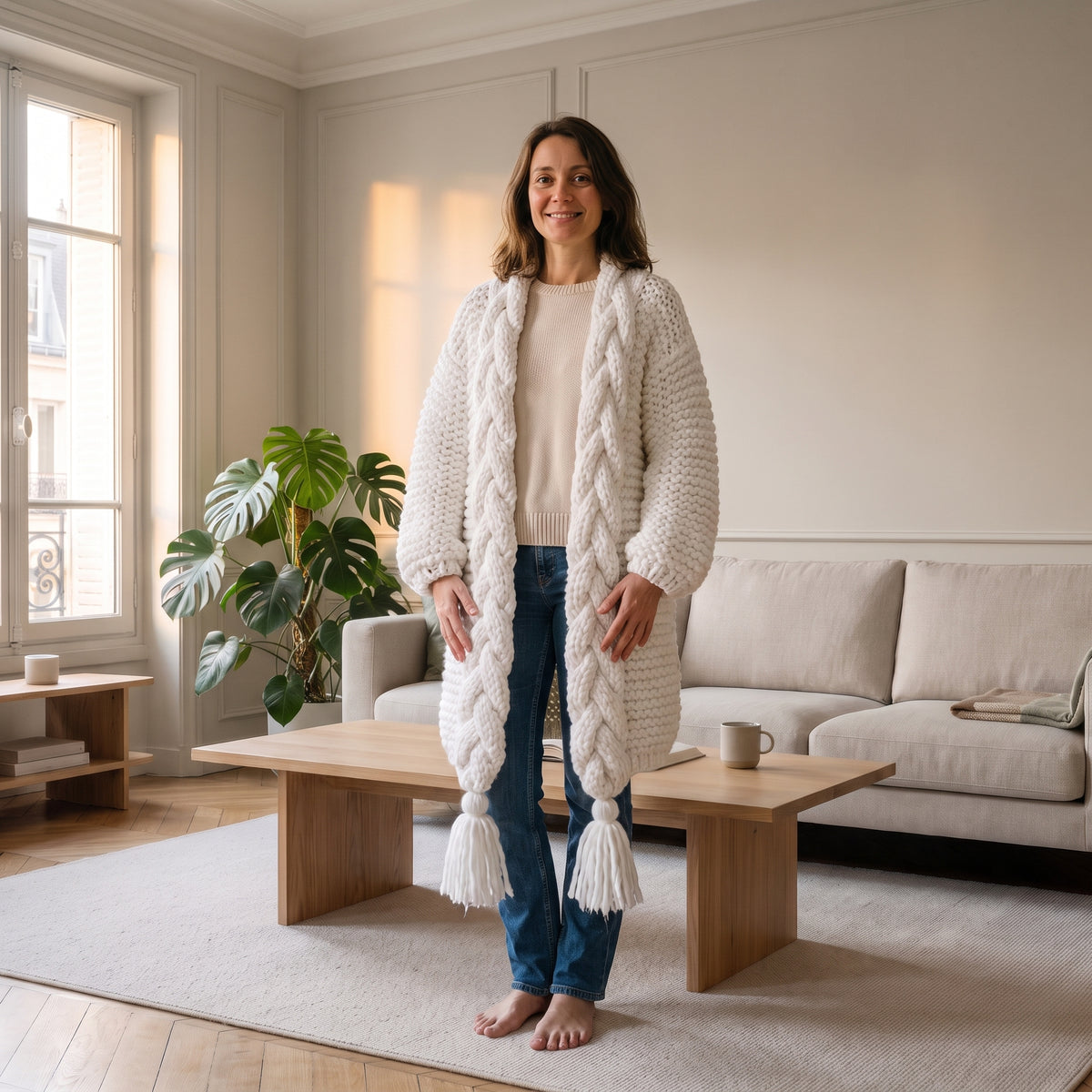 Gilet long en grosse maille torsadée, coloris Blanc cassé, porté dans un salon