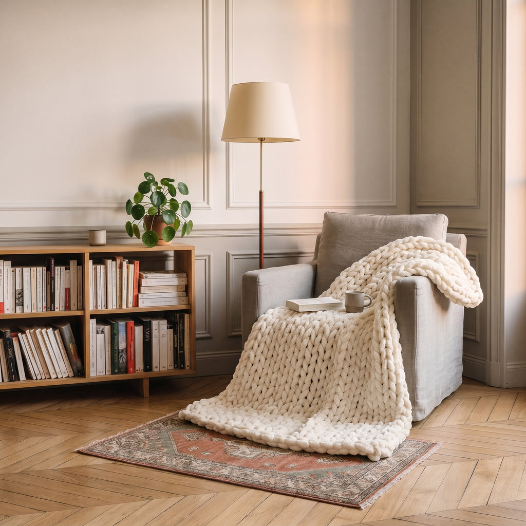 Plaid en grosse maille chenille, coloris Écru, dans un intérieur