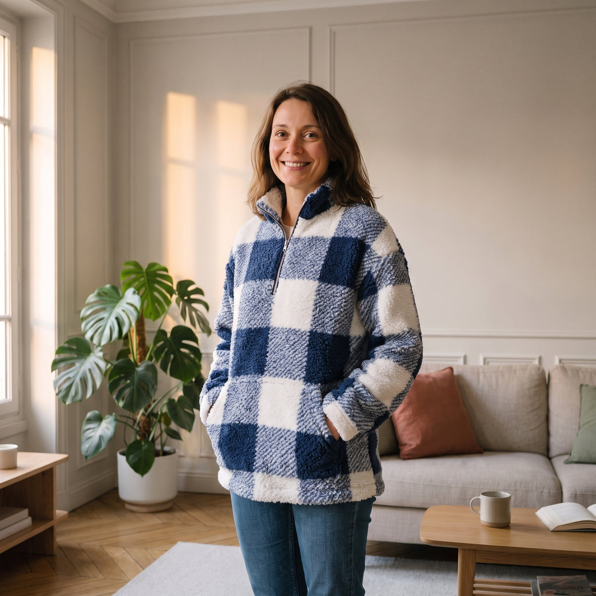 Pull sherpa à carreaux bleu marine, porté, mains dans les poches