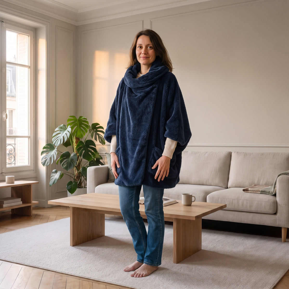 Pull-poncho en peluche à grand col châle, coloris Bleu marine, porté