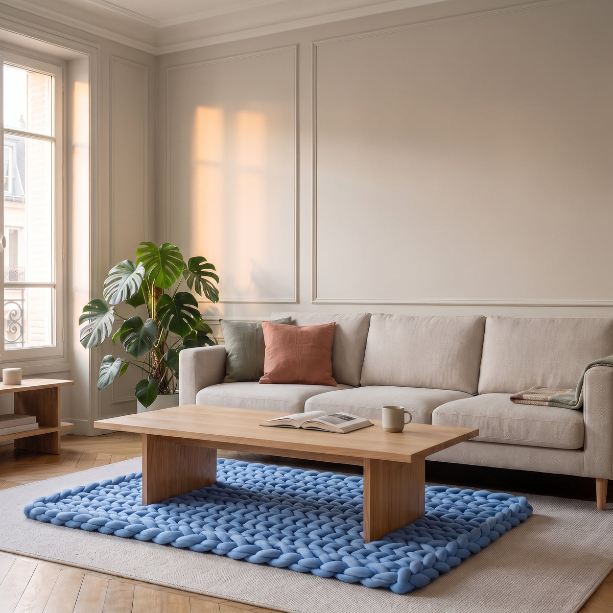 Plaid en maille géante, coloris Bleu franc, dans un intérieur