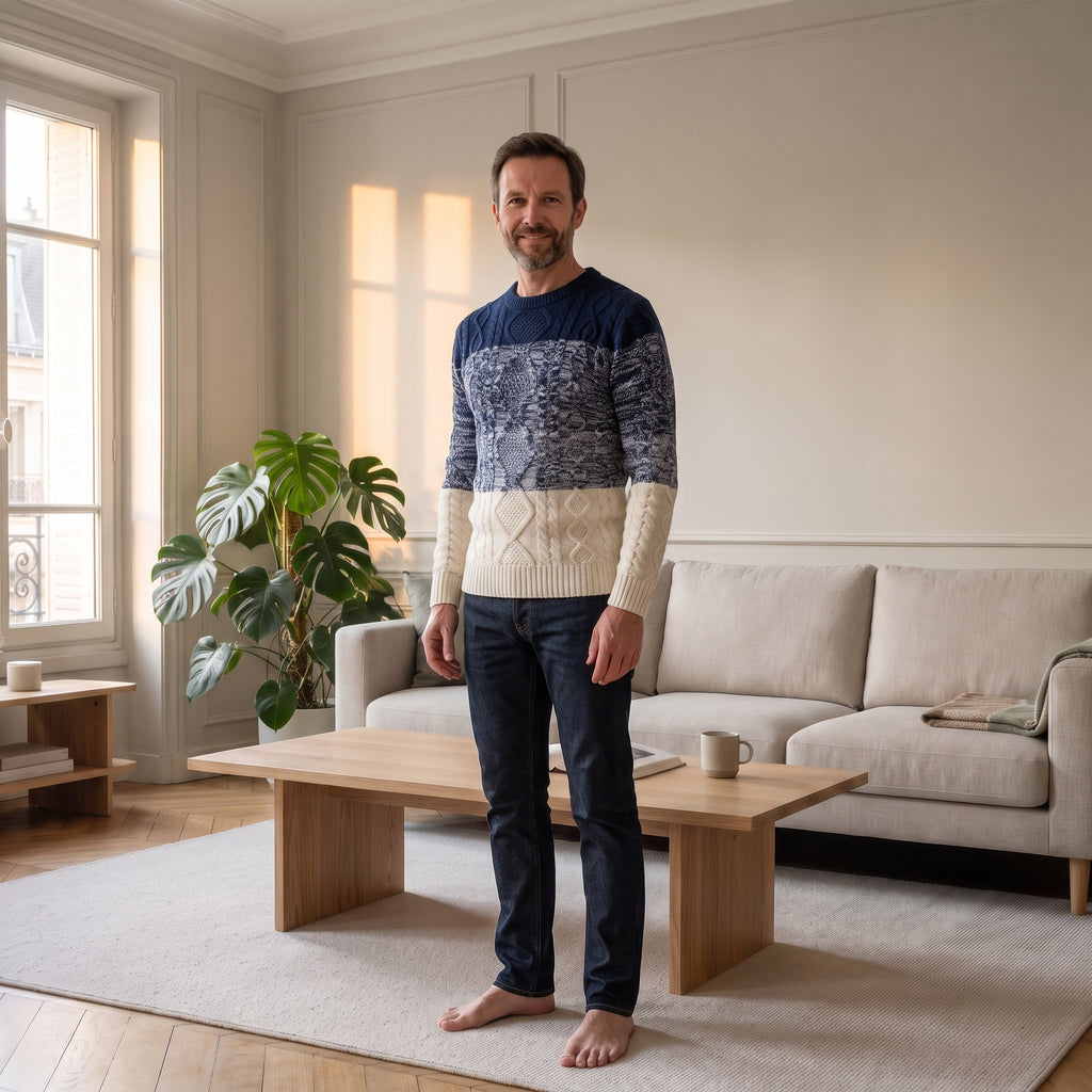 Pull homme en maille torsadée, coloris Bleu marine, porté