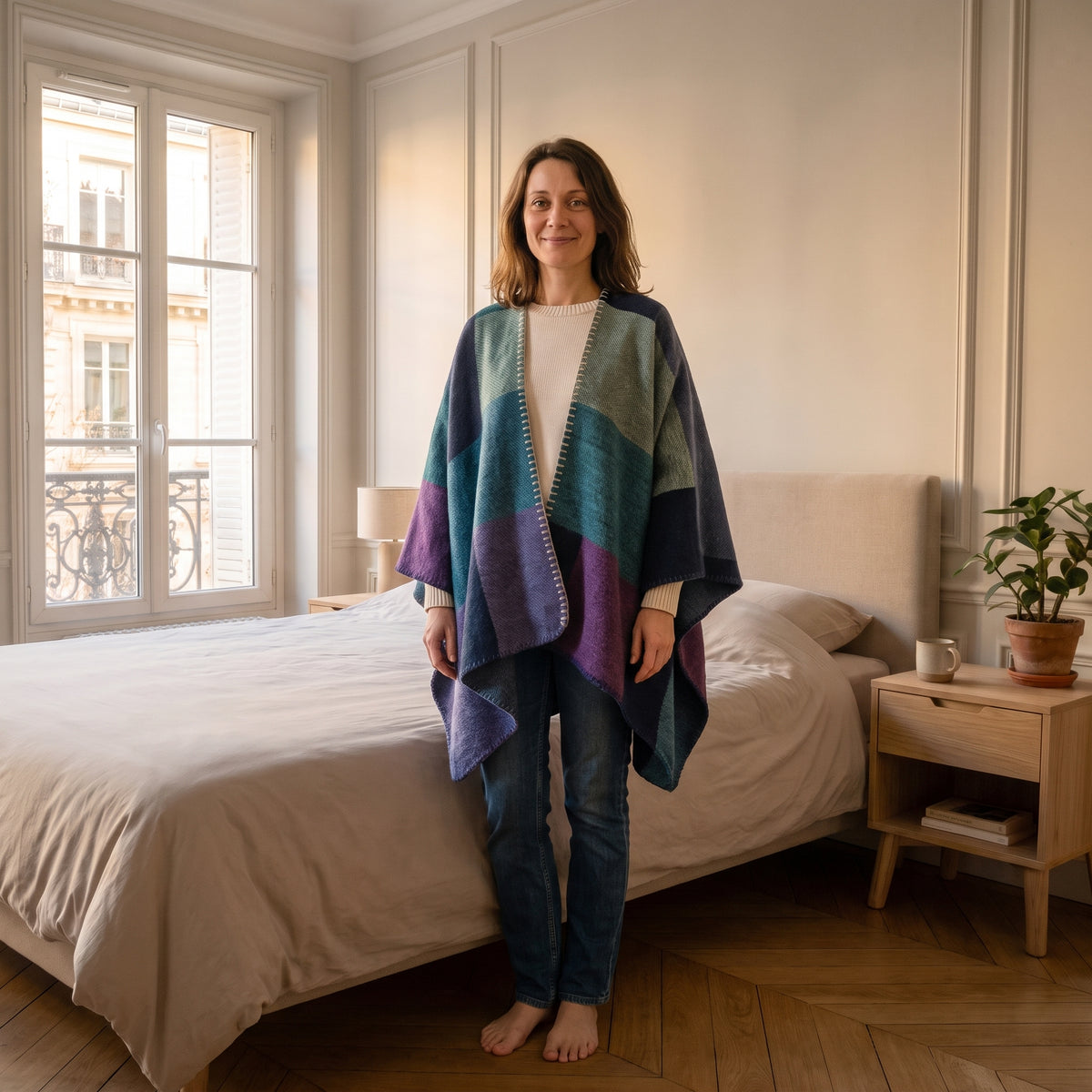 Poncho à grands blocs de couleur, coloris Bleu canard et violet, porté