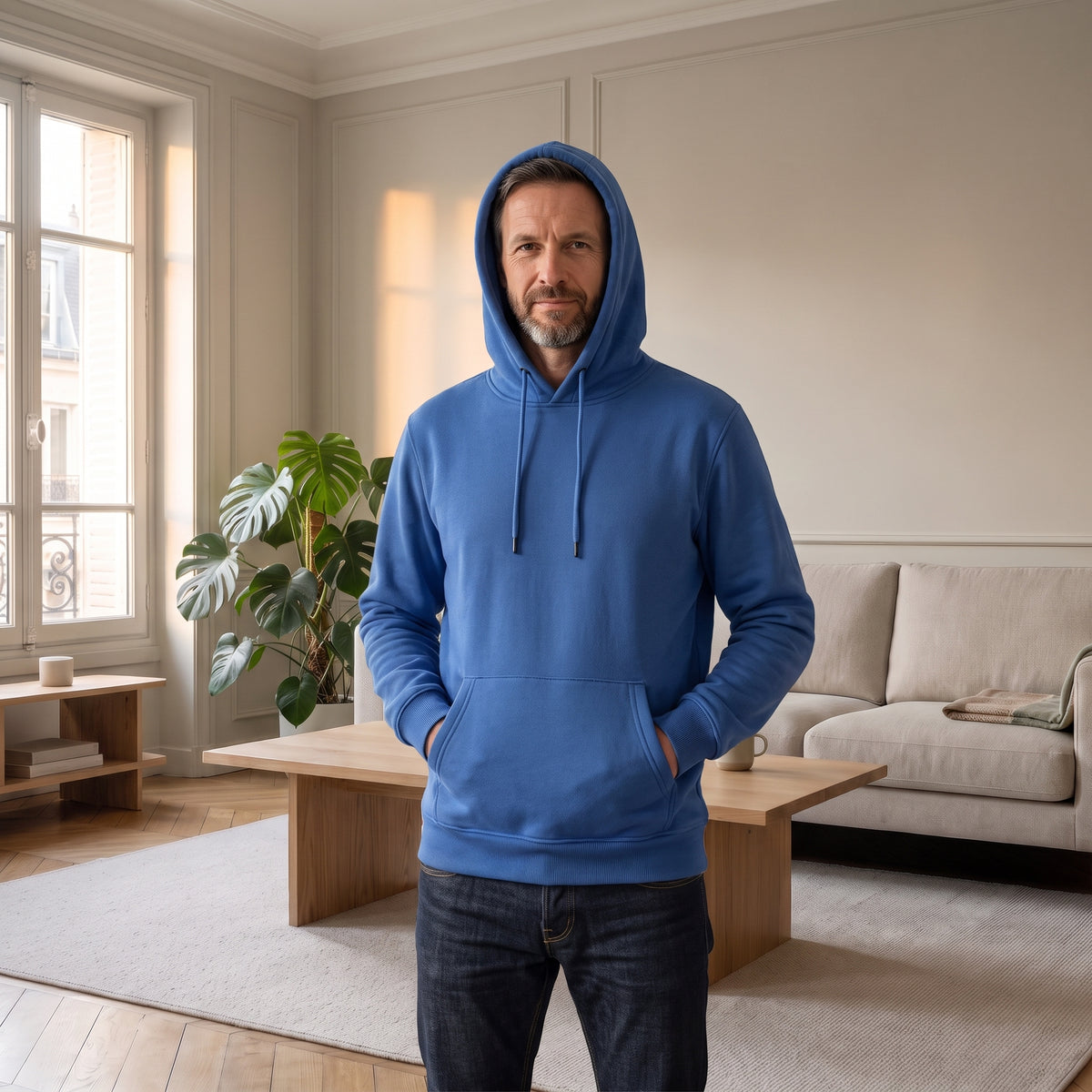 Sweat à capuche bleu porté, capuche relevée