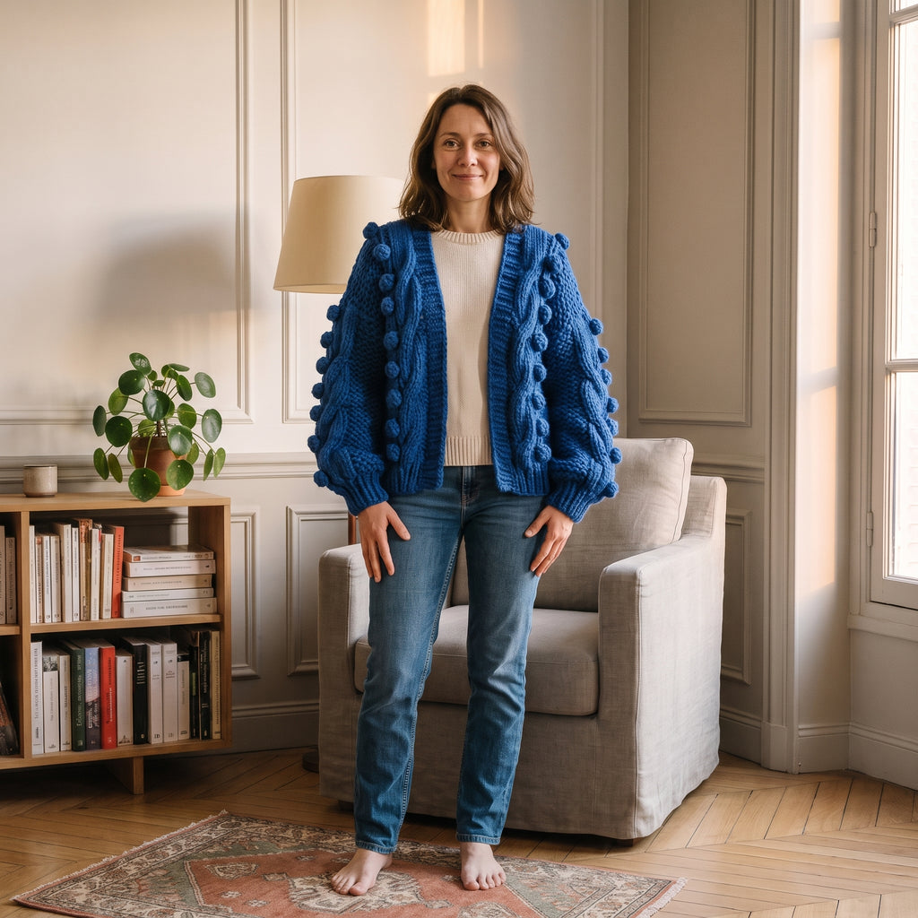 Gilet en grosse laine à bulles, coloris Bleu roi, porté