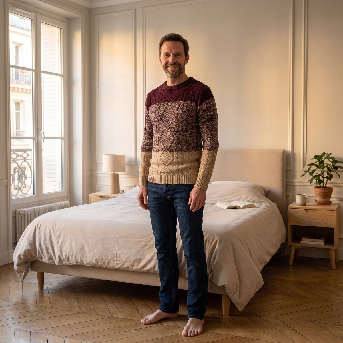 Pull homme en maille torsadée, coloris Bordeaux, porté