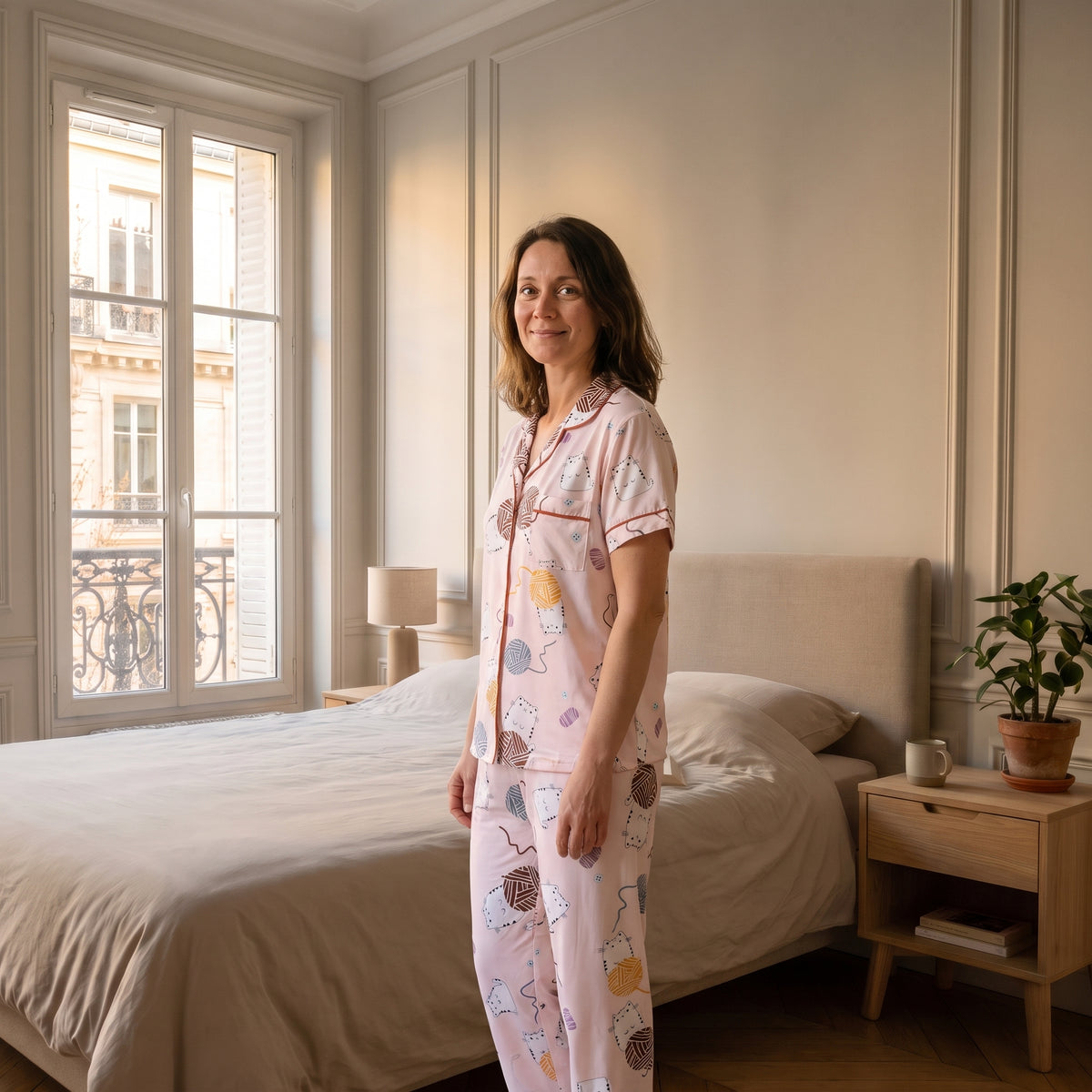Pyjama trois pièces en viscose à chats rose pâle, porté debout dans une chambre