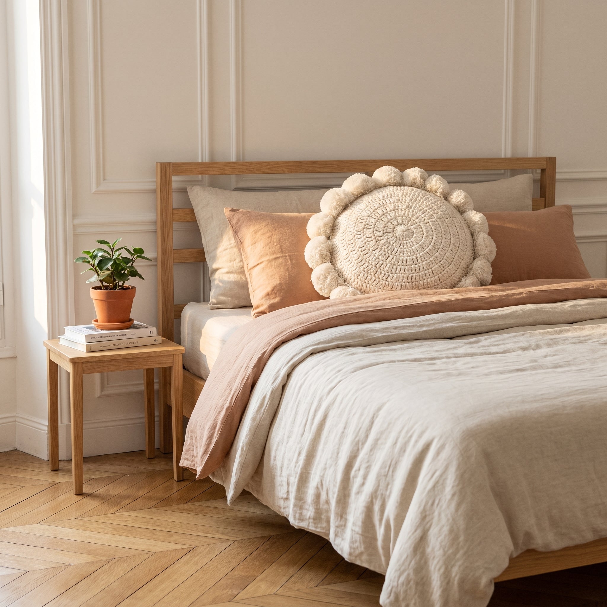 Coussin rond tricoté à pompons posé contre la tête de lit Image