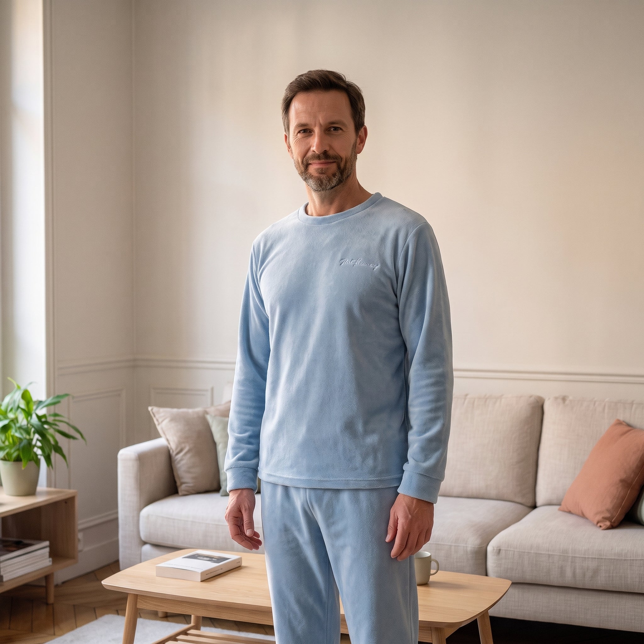 Homme debout dans son salon en pyjama en molleton de corail bleu ciel Image