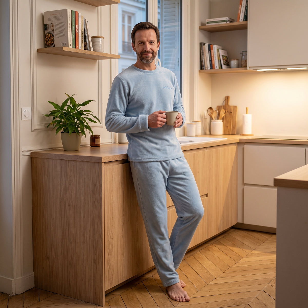 Homme dans sa cuisine en pyjama en molleton de corail bleu ciel, une tasse à la main Image