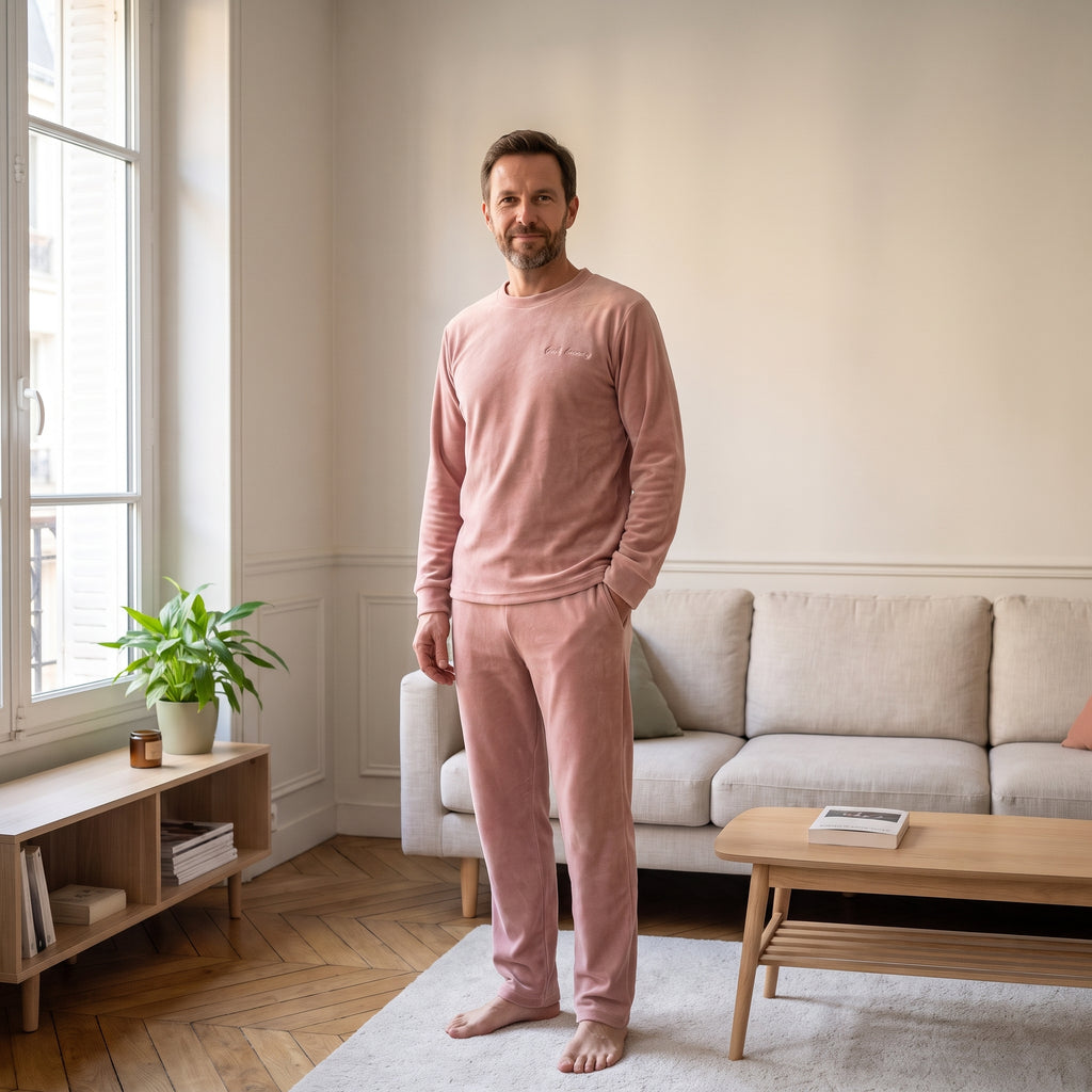 pyjama-cocooning-molleton-corail-homme, coloris Rose