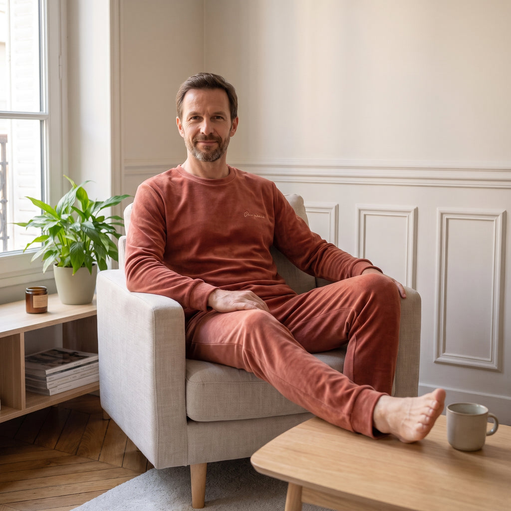 pyjama-cocooning-molleton-corail-homme, coloris Rouge
