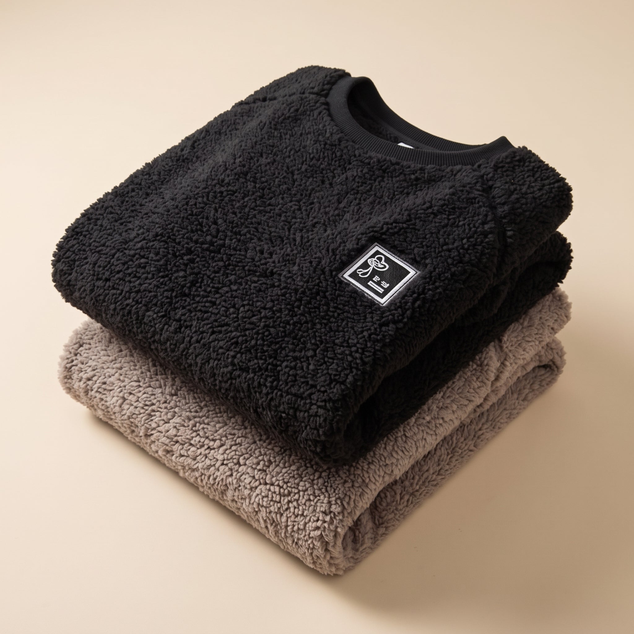 Deux hauts de pyjama en polaire peluche pliés, modèle noir à écusson et modèle taupe Image