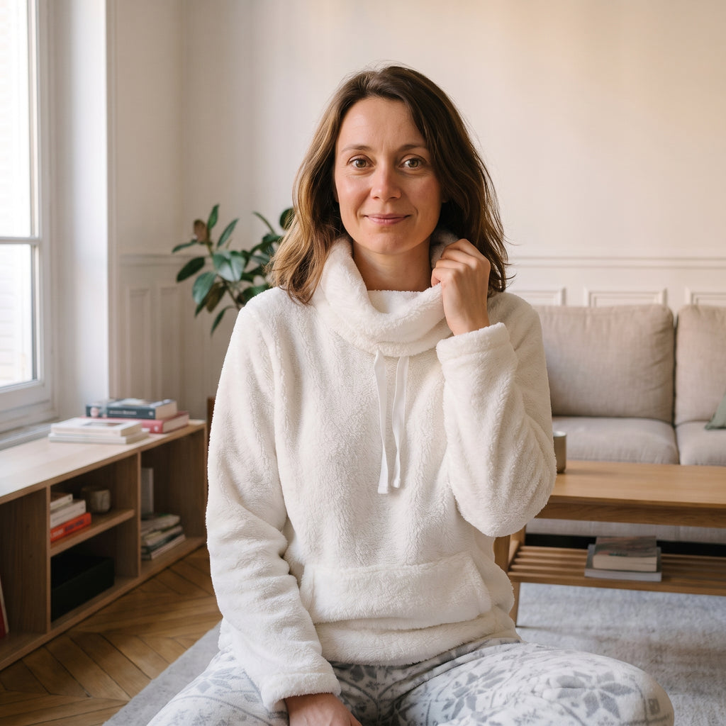 Femme assise sur son canapé en pyjama polaire écru, elle remonte le col contre sa nuque
