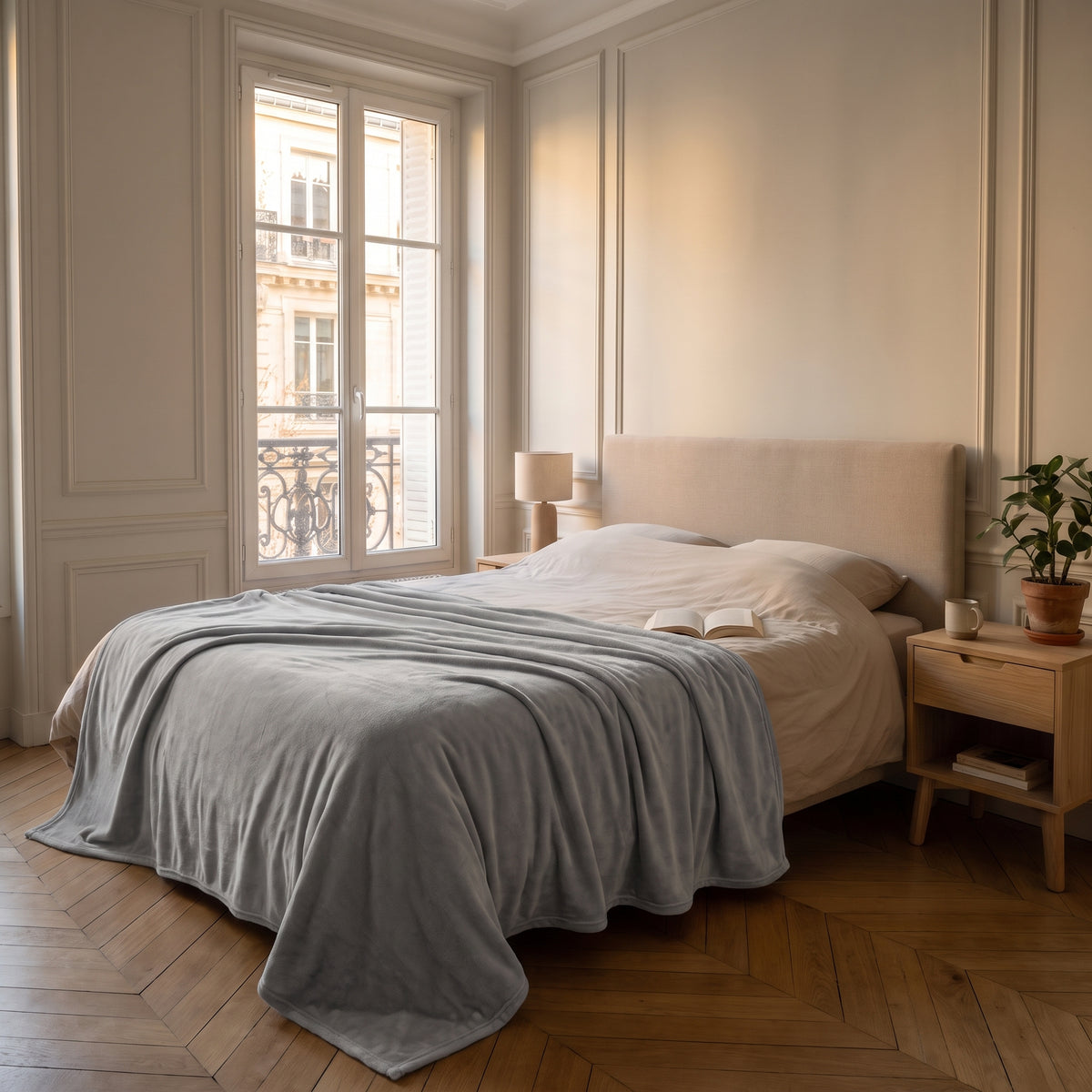 Plaid polaire double face, coloris Gris perle, posé sur un lit