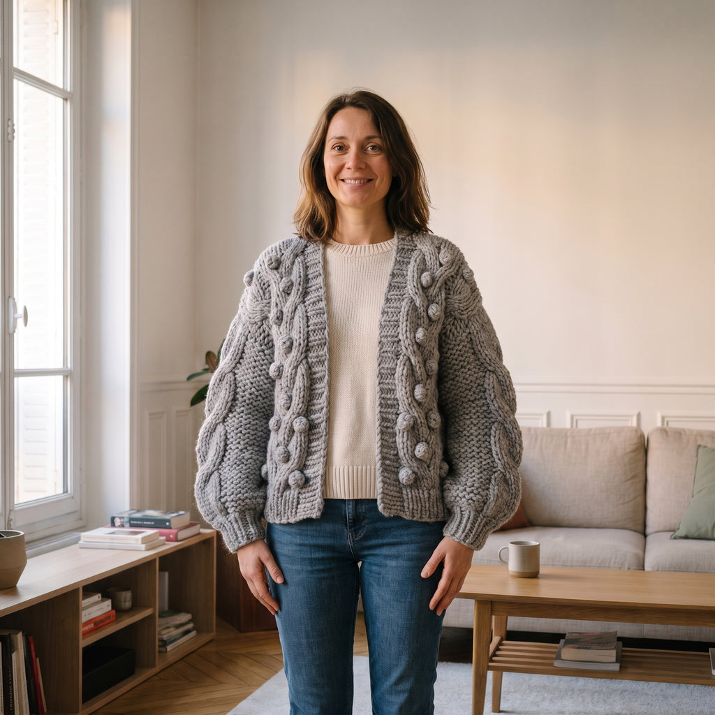 Gilet en grosse laine à bulles, coloris Gris clair, porté