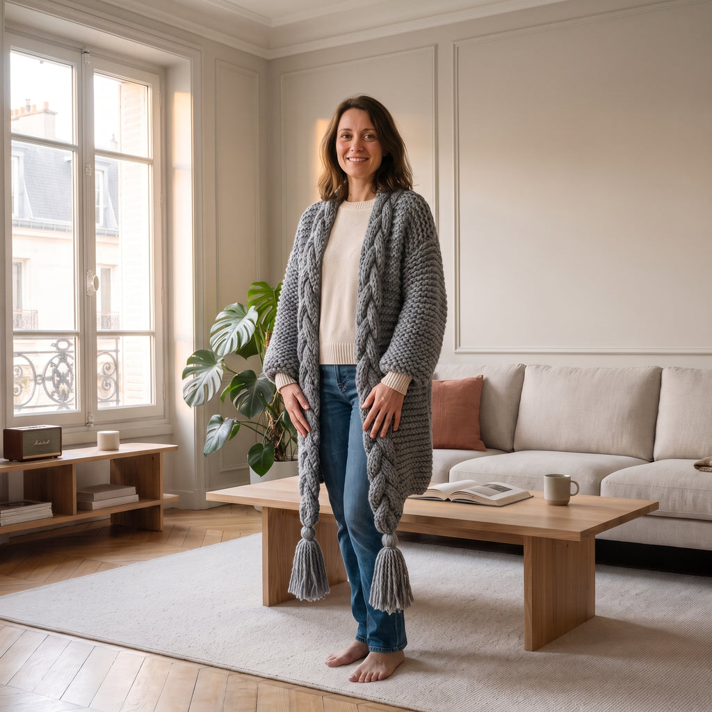 Gilet long en grosse maille torsadée, coloris Gris, porté dans un salon