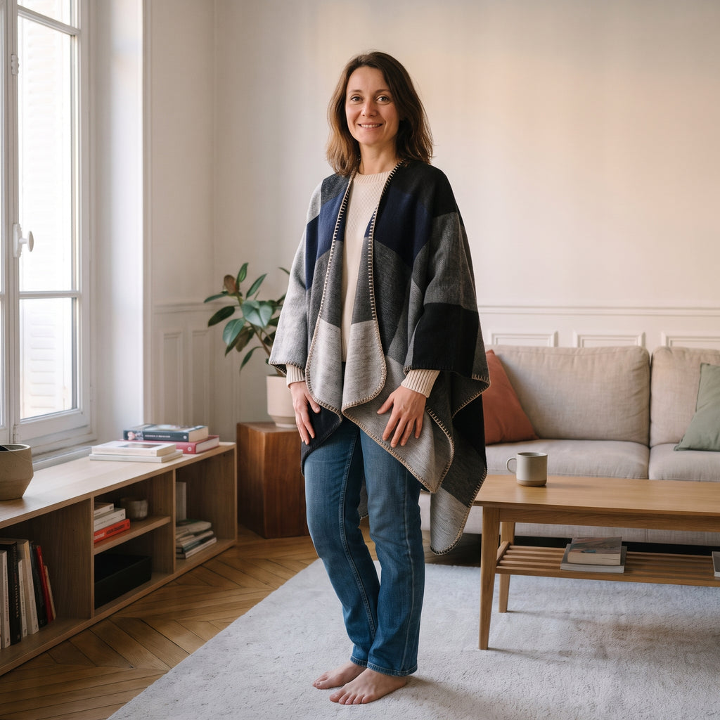 Poncho à grands blocs de couleur, coloris Gris et bleu nuit, porté