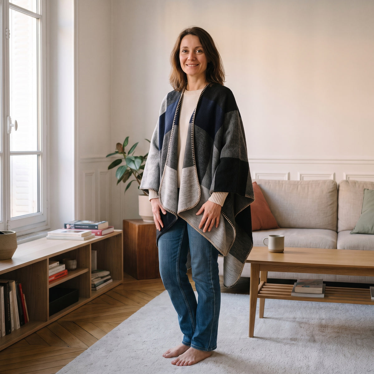 Poncho à grands blocs de couleur, coloris Gris et bleu nuit, porté