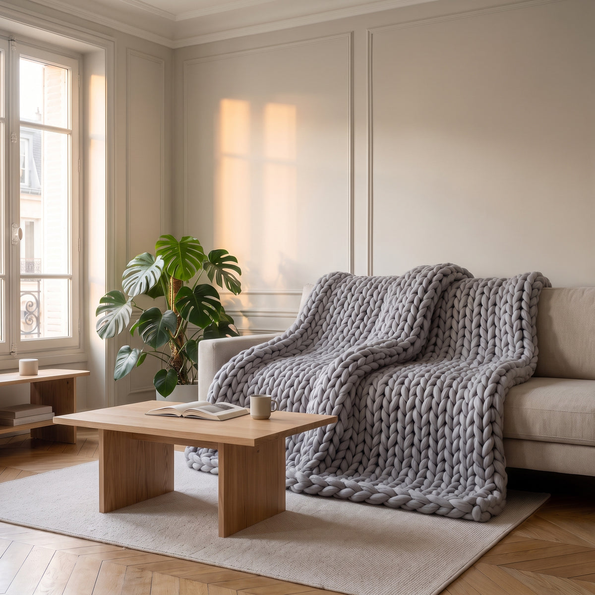 Plaid en maille géante, coloris Gris clair, dans un intérieur
