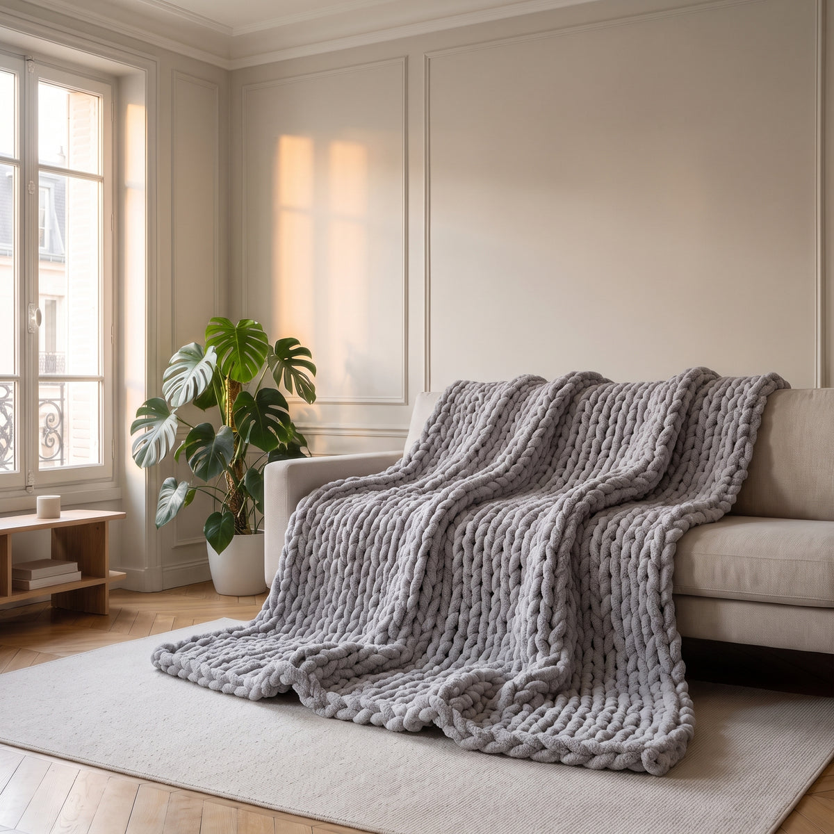 Plaid en grosse maille chenille, coloris Gris clair, dans un intérieur