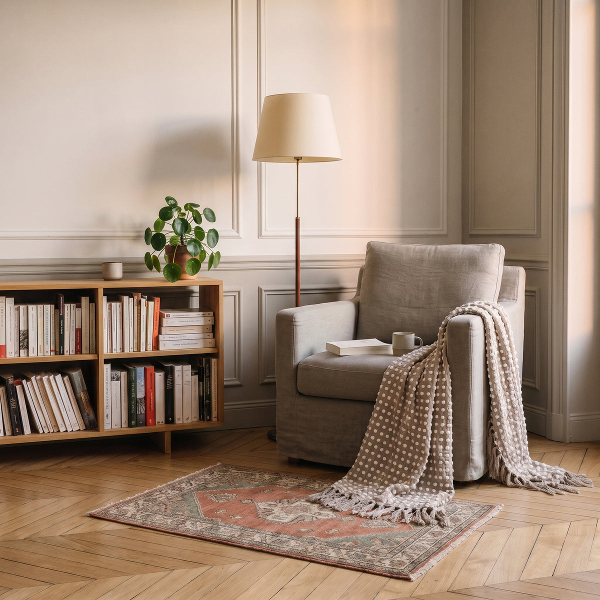 Couverture tissée à pois en relief, coloris Beige grège, dans un intérieur